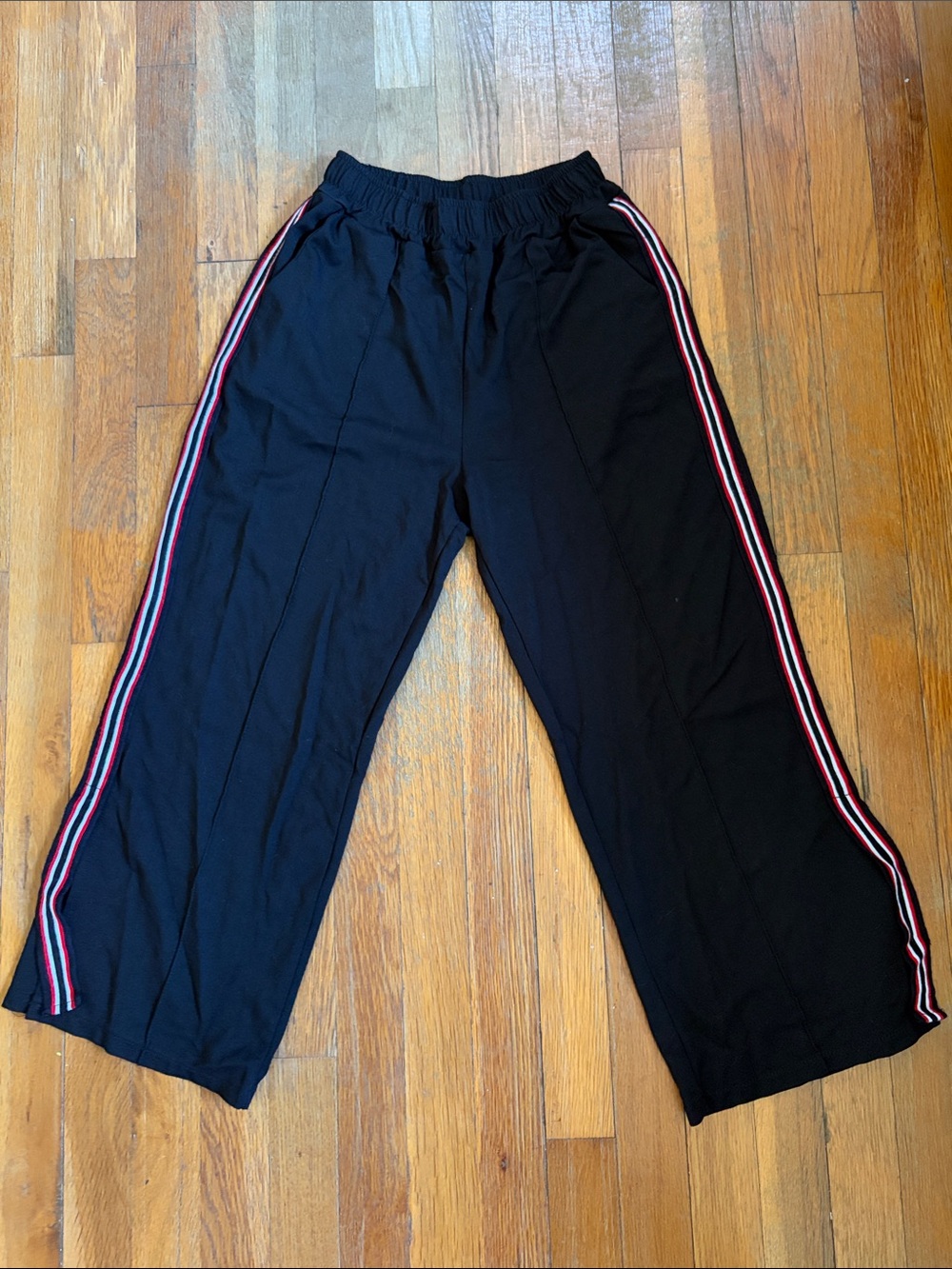 Kids Black Wide-Leg Track Pants with Side Stripe